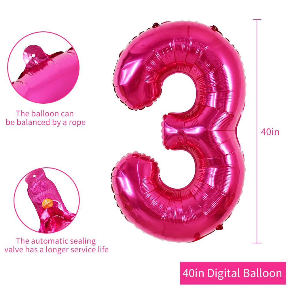 Toniful 40 Inch Hot Pink Large Numbers Balloon 0-9 Birthday Party Decorations,Foil Mylar Big Number 3 Balloon Digital 3 For Birt