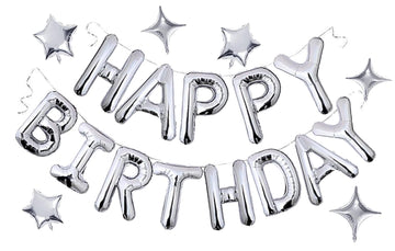 Silver Happy Birthday Balloons Banner, 3D Mylar Foil Letter Birthday Balloons With 6Pcs Star Balloons, Birthday Party Decoration