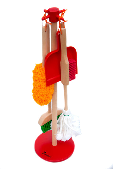 Justforkids Wooden Detachable Kids Cleaning Set - Duster, Brush, Mop, Broom And Hanging Stand Play - Housekeeping Kit - Stem Toy