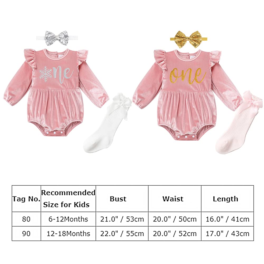 Winter Onederland Birthday Outfit: Snowflake First 1St Birthday Outfit Girl Baby Cake Smash Photoshoot Toddler Velvet Bubble Romper Socks Christmas Themed Party Supplies Pink Silver One 6-12 Months