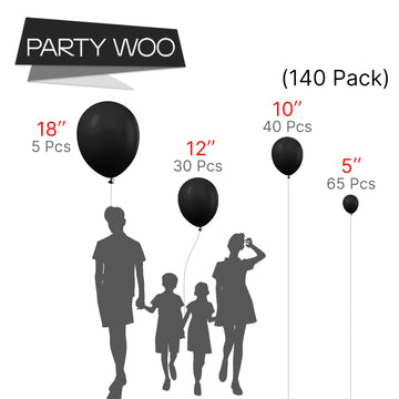 PartyWoo Black Balloons - 140 Pcs Matte Rubber Balloons Set (5"-18") for Birthday Decorations, Balloon Garland & Arch, Black-Y18