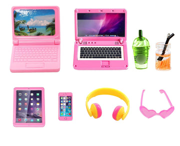 Enocht 9 Pack Small Size Laptop Computer Tablet Phone Pad Glasses And Headset Doll Playset Simulation Accessories For 11.5 Inch Doll (Pink)