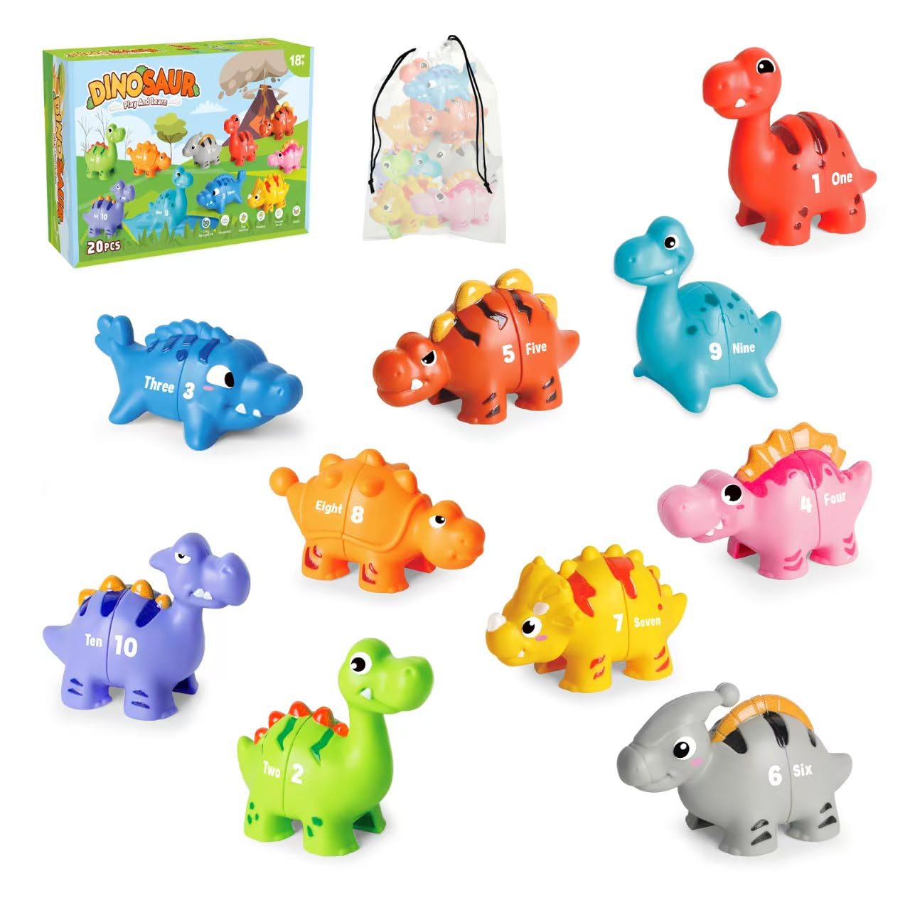 HAPPYMATE 20 PCS Dinosaur Number Learning Toys for Toddlers 2-4, 10 Different Dinosaur Figures, Double Sided Number Matching Gam