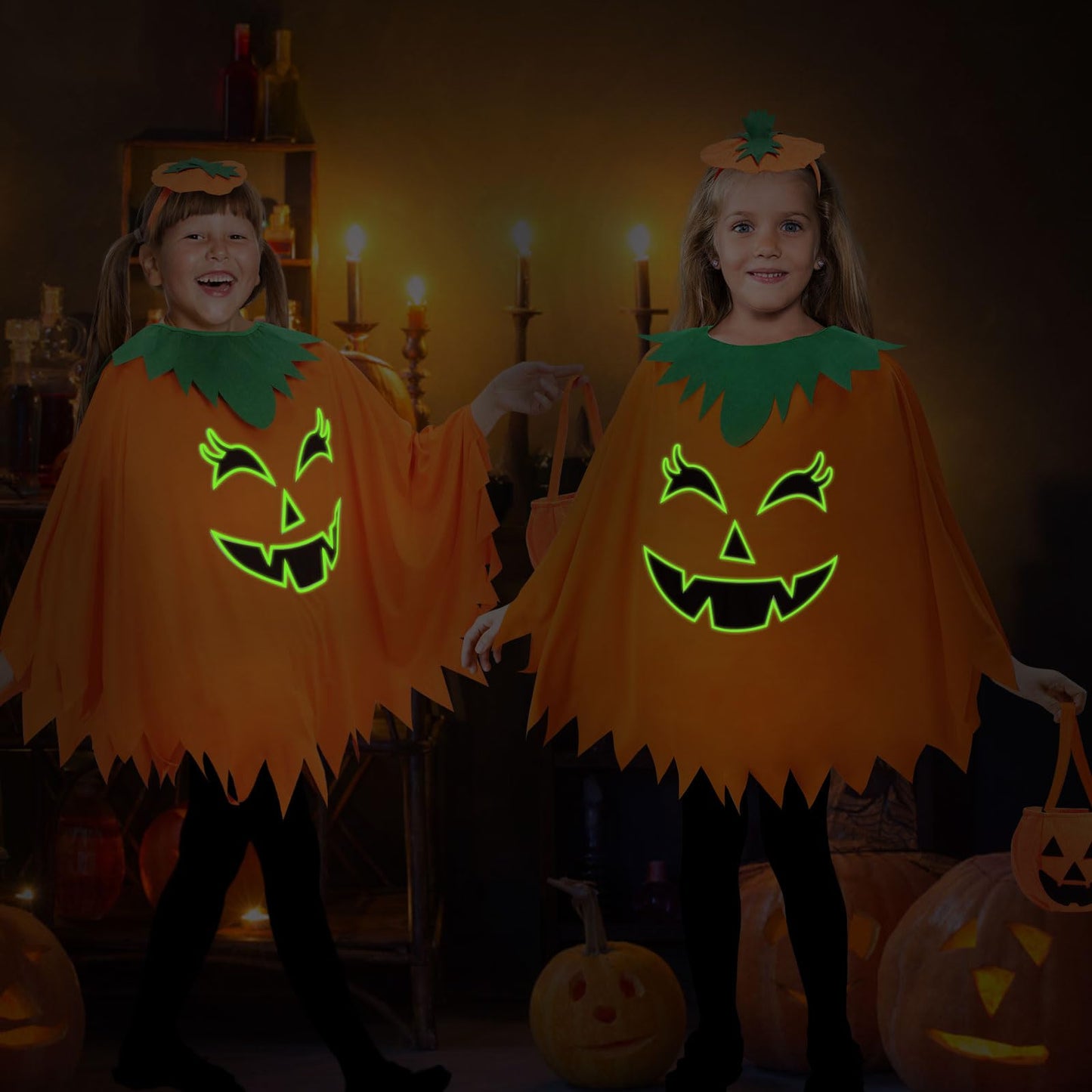 Snwquik Halloween Pumpkin Costume for Kids Girls Glow in the Dark Halloween Costume with Pumpkin Poncho Headband&Bag