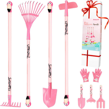 Altdorff Kids Rake And Shovel Set, 29.6'' Kids Gardening Tools Include Long Rake, Leaf Rake, Shovel, Hoe And Mini Garden Hand Tools, Gardening Toy Gift For Girls Age 3+ Years(Pink)