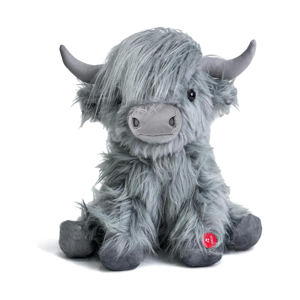 Tonpect Highland Cow Plush Toy - Mooing Sound, 10 inch, Grey Cotton, Model Toys105, Cuddly Farm Gift for Boys and Girls
