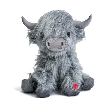 Tonpect Highland Cow Plush Toy - Mooing Sound, 10 inch, Grey Cotton, Model Toys105, Cuddly Farm Gift for Boys and Girls