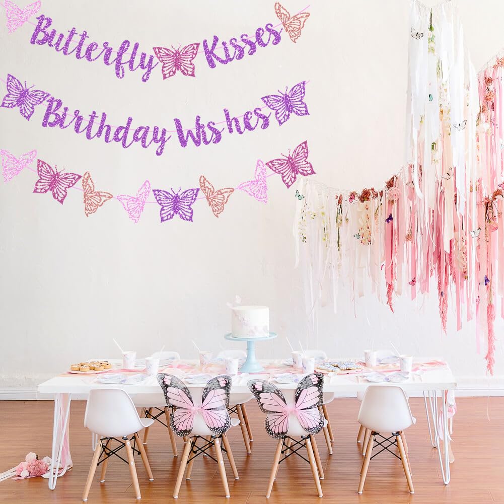 Butterfly Kisses Birthday Wishes Party Decor Purple Glitter Butterfly Kisses Birthday Wishes Banner for Butterfly Themed Baby Sh
