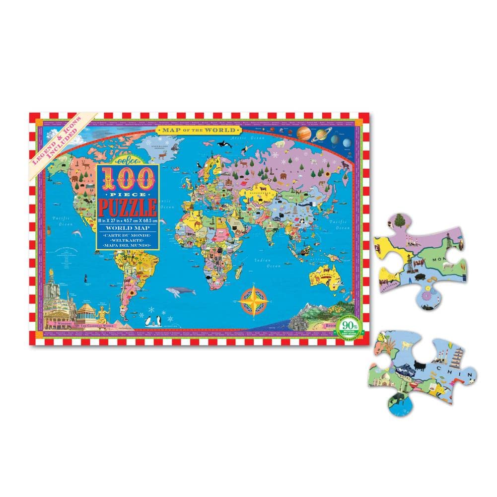 eeBoo: World Map 100 Piece Puzzle  Provides Wanderlust to All Ages  100 Glossy Pieces That Fit and Snap Together with Ease  Includes a Legends and Icons Glossary  Perfect for Ages 5 and up