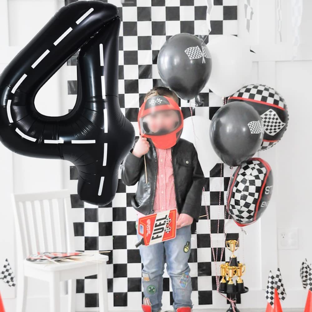Toniful Race Car Black Balloons Car Birthday Party Supplies,40 Inch Giant Jumbo Helium Foil Mylar Big Number 4 Digital 4 Balloon