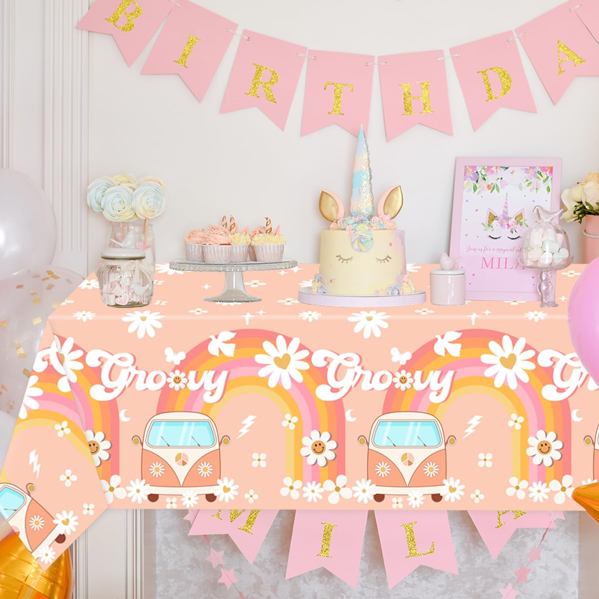 3Pcs Groovy Themed Tablecloths-Groovy Party Supplies Hippie Rainbow Rectangular Plastic Table Covers Daisy Groovy Themed For Gir