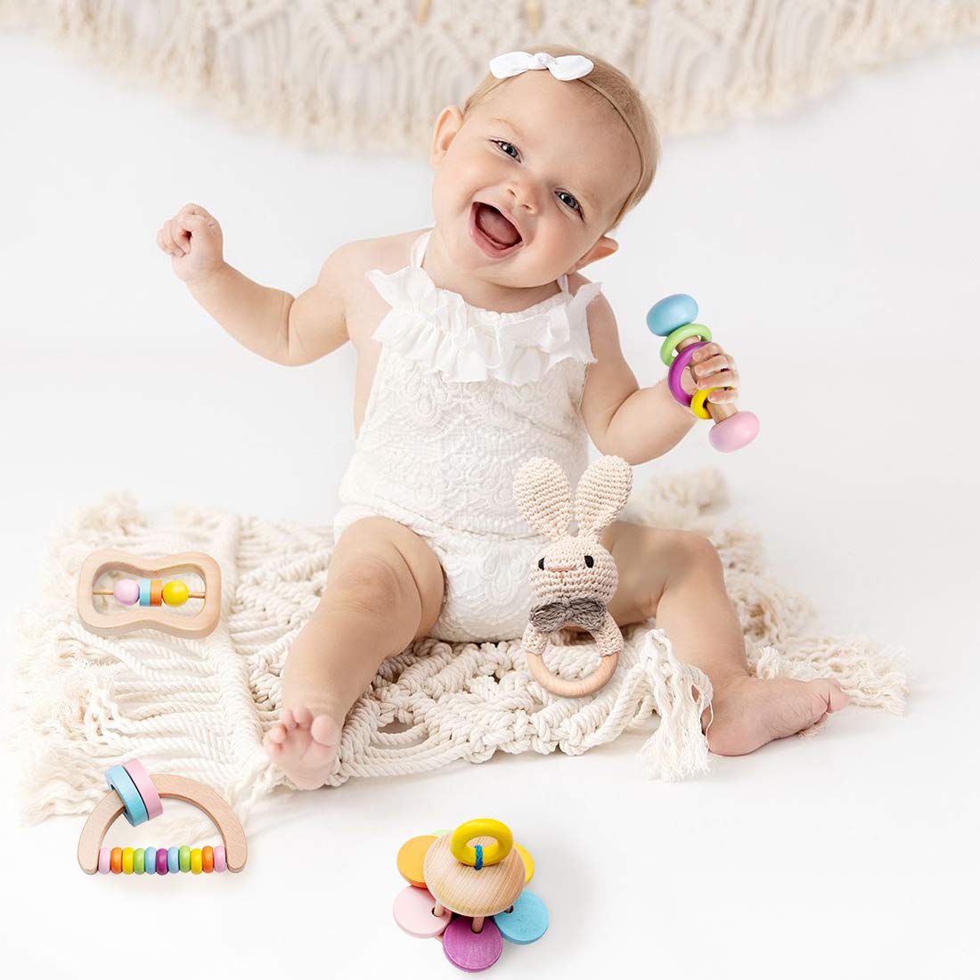 Wooden Baby Rattle Toys 5 Pcs Rattle Set For Babies 0-6-12 Months Bunny Crochet Rattle Ring With Gift Box Wooden Montessori Toy For Newborn Infant Baby