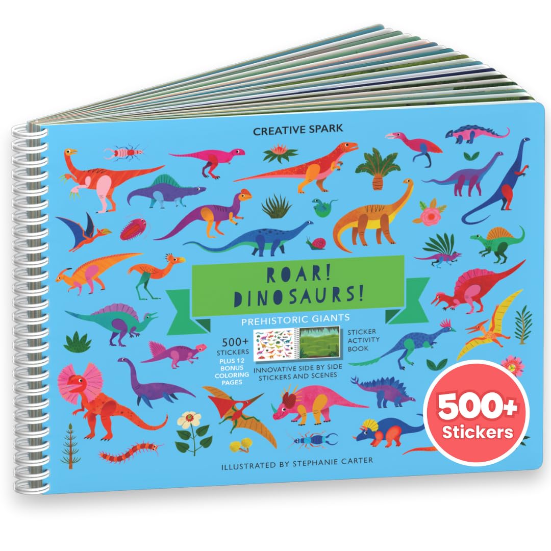 CUPKIN Dinosaur Sticker Book - 500+ Stickers, 12 Scenes & Coloring Pages, Kids Activity, Travel Essentials, Ages 2-8, Paper