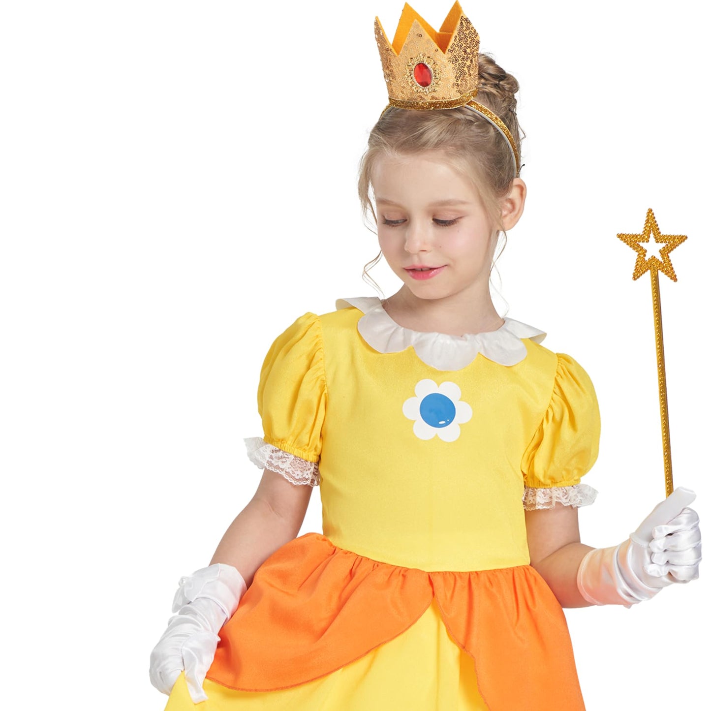 IKALI Princess Costume for Girls, Yellow Princess Dress Outfit With Accessories Crown, Wand and Gloves, Kids Toddlers Birthday F