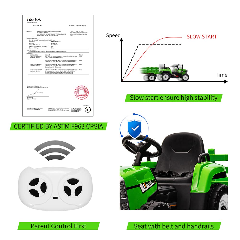 Kids Ride On Tractor With Green Trailer & Remote Control, 12V Toddler Battery Powered Electric Vehicle With Slow Start 7Led Head