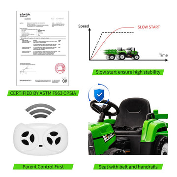 Nasitip 12V Battery Powered Electric Tractor with Trailer, Toddler Ride On Car w/Remote Control/7-LED Headlights/2+1 Gear Shift/