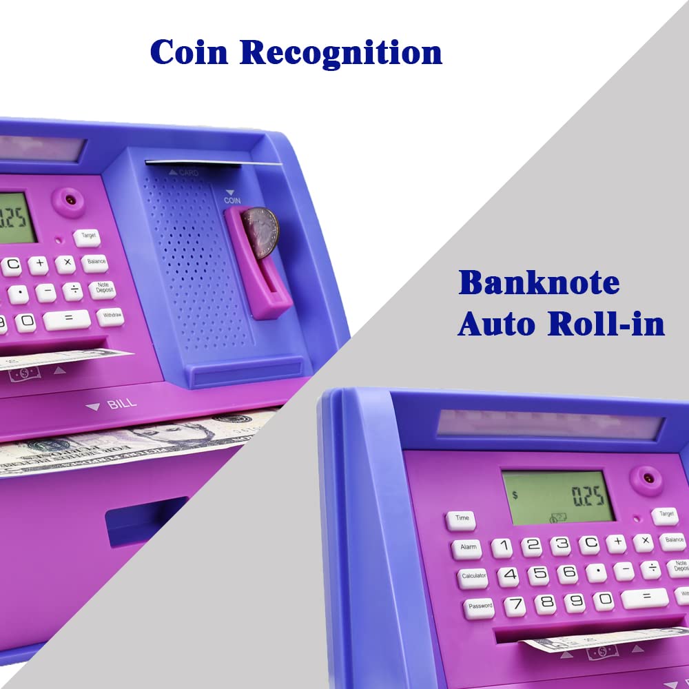 Atmbnk Interactive Atm Piggy Bank For Kids, Safe Money Saving Toy With Password Protection, Coin Recognition, Bill Insertion, For Boys And Girls Aged 5-12 (Purple)