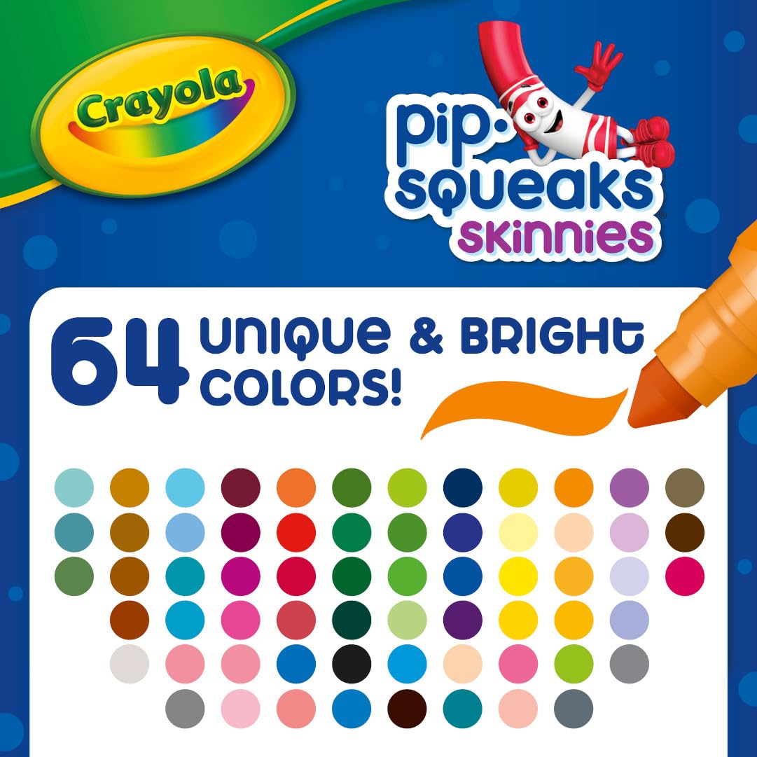Crayola Pip-Squeaks Skinnies Washable Markers (64ct), Mini Markers for Kids, Coloring Markers, Craft Supplies, Kids Holiday Gift