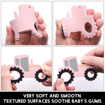 Amazingm Car Series Baby Teething Toys,Food Grade Silicone Chew Teether For 3 Months+ Infant Boy And Girl,Toddler Sensory Chewing Teether,Bpa Free. (Tractor, Pink)