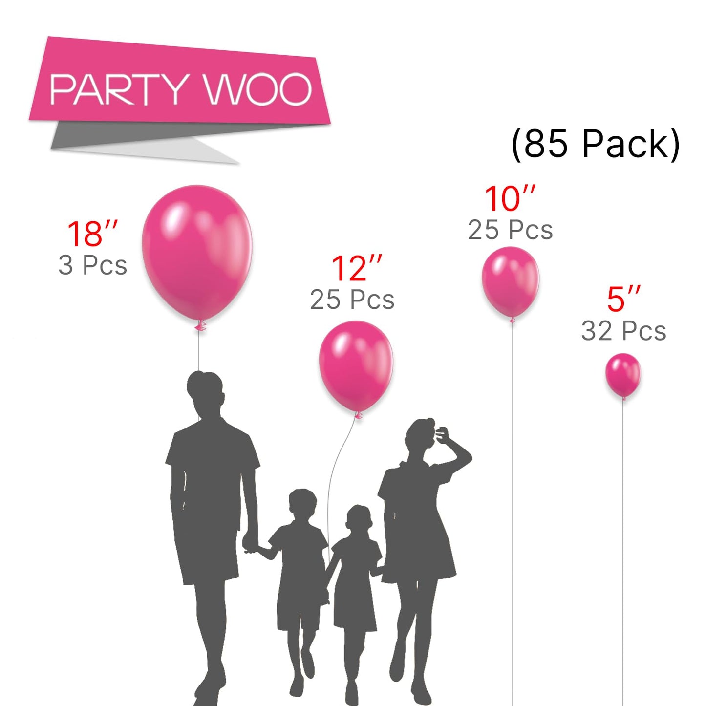 Partywoo Magenta Balloons, 85 Pcs Hot Pink Balloons Different Sizes Pack Of 18 Inch 12 Inch 10 Inch 5 Inch Dark Pink Balloons For Balloon Garland Balloon Arch As Birthday Party Decorations, Pink-Y12