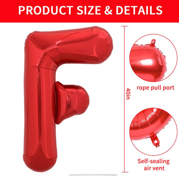 Toniful 40 Inch Large Bright Red Letter Balloons A-Z, Giant Jumbo Helium Foil Mylar Big Letter F Balloons For Birthday Party Ann