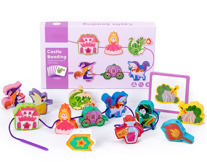 Jaqi Montessori Educational Wooden Threading Stringing Toys Dinosaurs Traffic Space Insects Animals Fruits Lacing Beads Preschool Learning Toys For Toddler For Boys Girls (Castle)