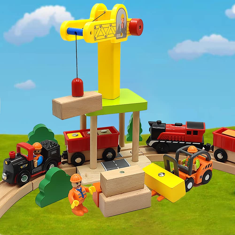 Wooden Train Track Accessories Wooden Crane Toy Set With Train Cars For 3 4 5 Year Old Boys Kids Other Major Wooden Rail Brands Are Compatible (Multi-Function Crane)