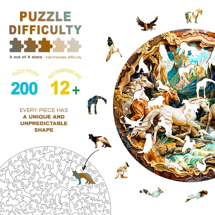Wooden Puzzles for mature-themeds - 3D Vision Effects Horse Wooden Jigsaw Puzzle - Unique Animal Shaped Wood Puzzles mature-themed - Creative Birthday Gift Family Game (200pcs)