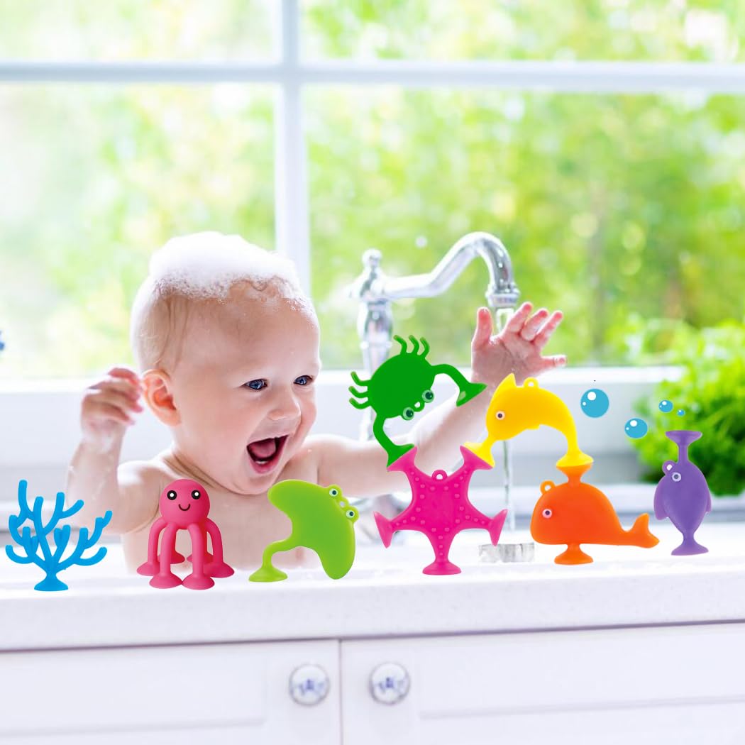 Suction Bath Toys For Kids, 9 Pcs Silicone Ocean Animal Suction Cup Toys, Mold Free No Hole Bathtub Toy, Sensory Window Building Toy Gifts For Toddler Children Kids Over 1 Years