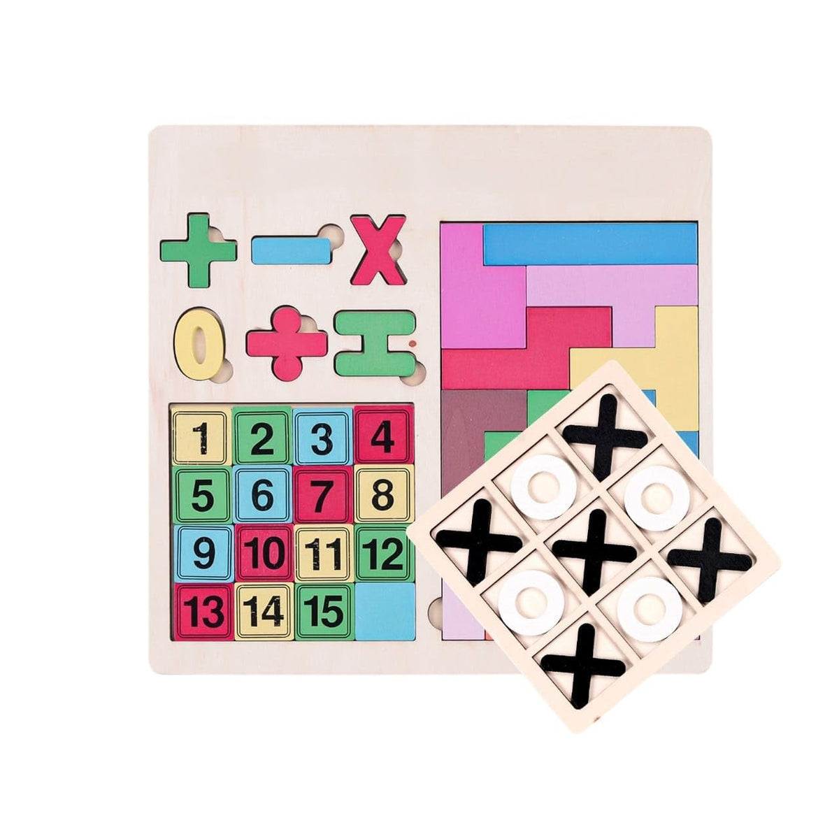 Wooden Educational Puzzle Board, 3in1 Math Learning Set with Numbers 115, Tic Tac Toe Game, Colorful Block Puzzle