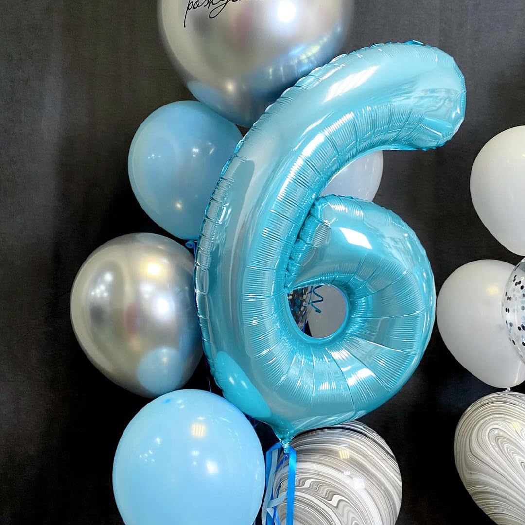 Paticool 40 Inch Blue Number Balloon 6, Large Light Blue Number Foil Mylar Balloons For Birthday Party Celebration Decorations S