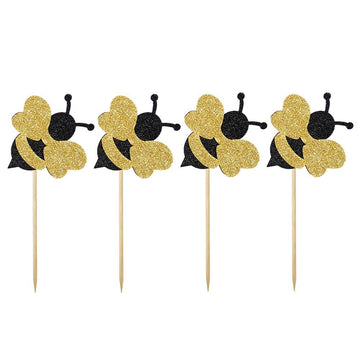 Festiko 10 Pieces Glitter Sticks Bumble Bee Cupcake Cake Toppers Decorations Birthday Party Supplies