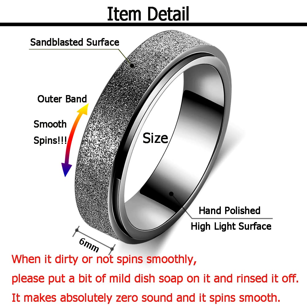 Anxiety Ring For Women Fidget Spinner Ring Fidget Toys Adults Titanium Stainless Steel Thumb Ring 6Mm Wide Black Size 6