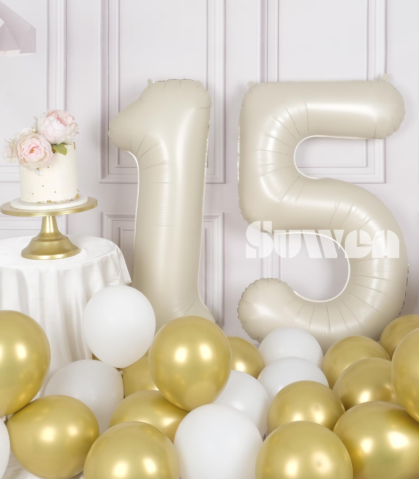Suwen 40 Inch Cream White Large 15 Number Balloons Big Foil Helium Number Balloons 0-9 Jumbo Happy 15Th Mylar Birthday Party Dec