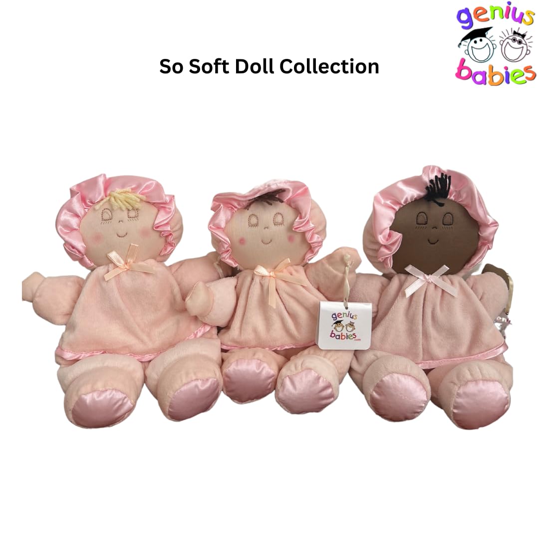 Genius Baby Toys Classic My First So-Soft Baby Girl Doll Lovey, Pink Dress With Brown Hair, 11''