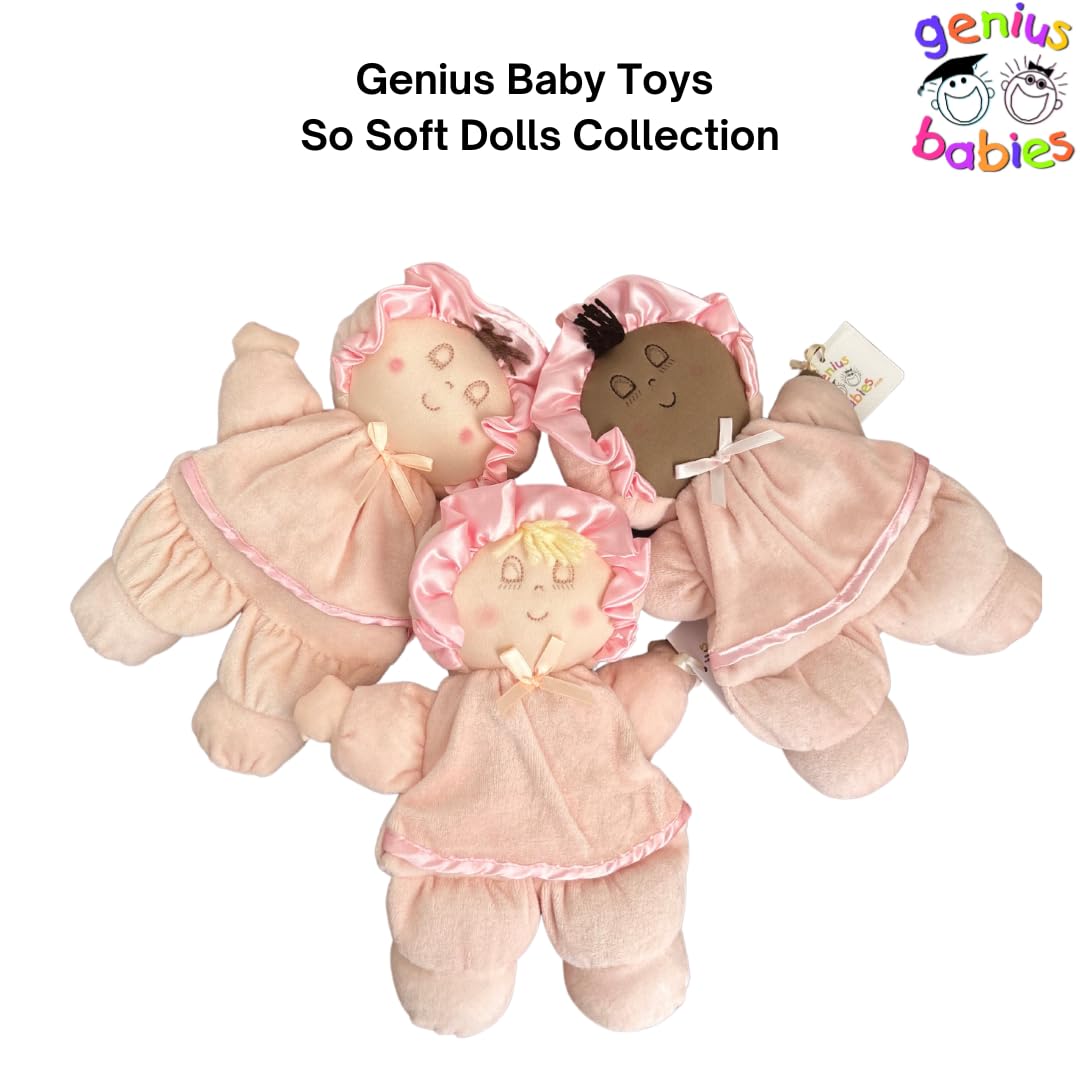 Genius Baby Toys Classic My First So-Soft Baby Girl Doll Lovey, Pink Dress With Brown Hair, 11''