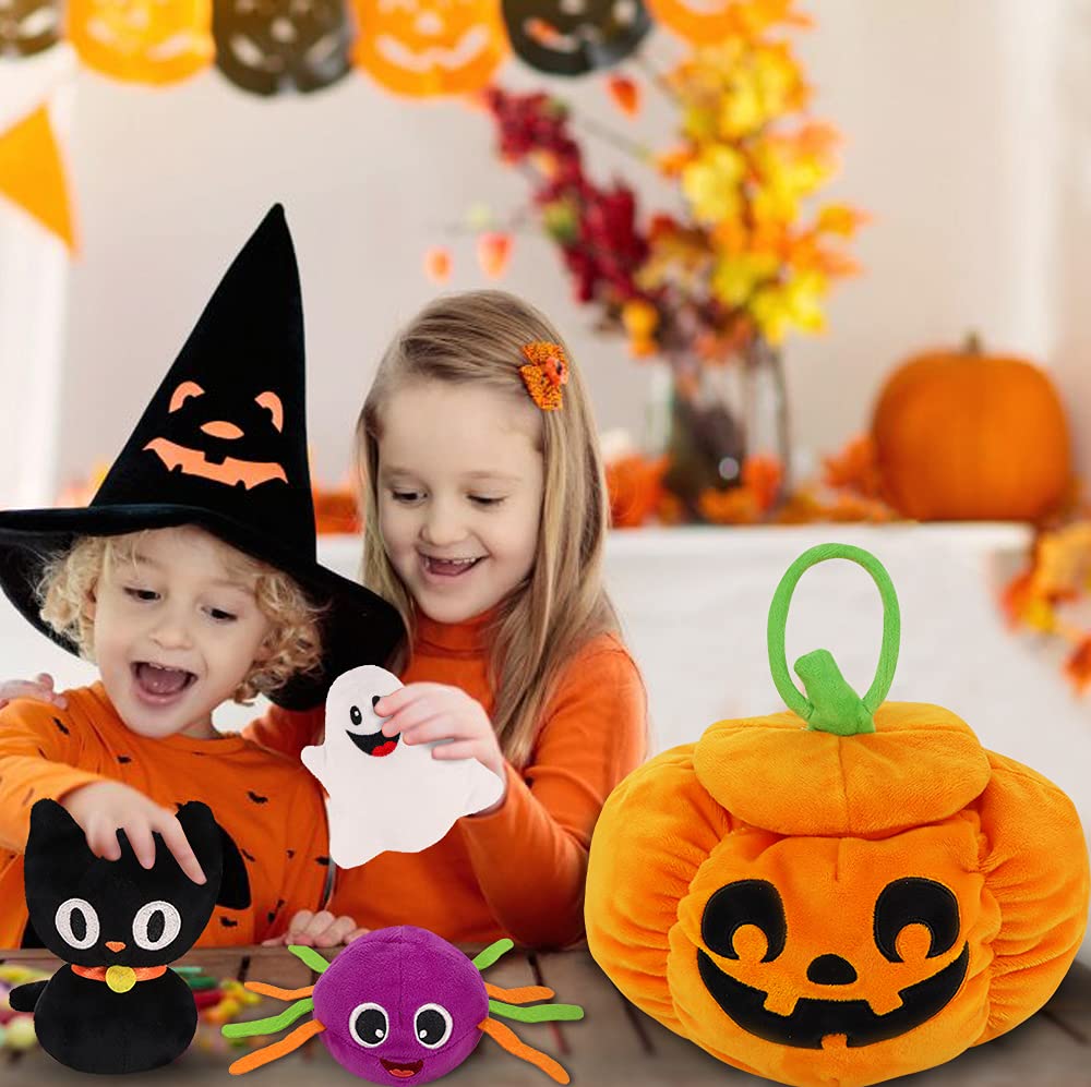 Bunny Chorus My First Halloween Pumpkin Toys Playset, 5ct Halloween Stuffed Pumpkin Plush Cat Spider Ghost Candy Corn for Baby G