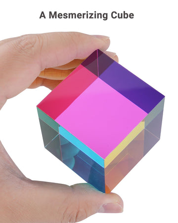 iKeelo Color Cube (70mm) with Stand - Cyan  Magenta & Yellow Subtractive Color Mixing - Mesmerizing Acrylic Prism for Desk Decor  A Fun Conversation Starter