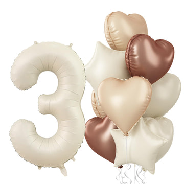 3Rd Birthday Balloons For Girls, Large Foil Beige Cream Sand White Neutral 3 Balloon, Nude Tan Apricot Brown Helium Heart Star B