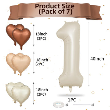 Biapian 40 Inch Cream White Number 1 Balloons, Beige White Large Number One Balloon With Cream Foil Heart Balloons For 1St Birth