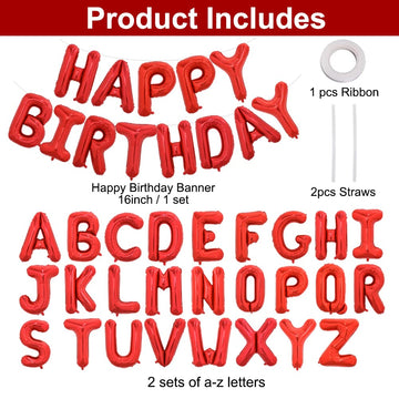 Toniful 65 Pcs 16 Inch Red Happy Birthday Balloons And 2 Sets A-Z Foil Letters Balloons Diy Personalized Phrase Banner For Birth