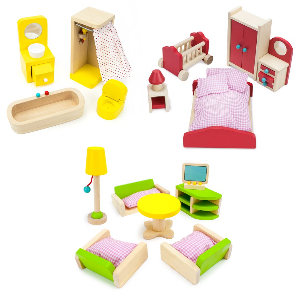 Wooden Dollhouse Furniture|Made Of Safe Wood And Bright Water-Based Paint|Compatible With Most Doll Houses|41 Pc Bundle