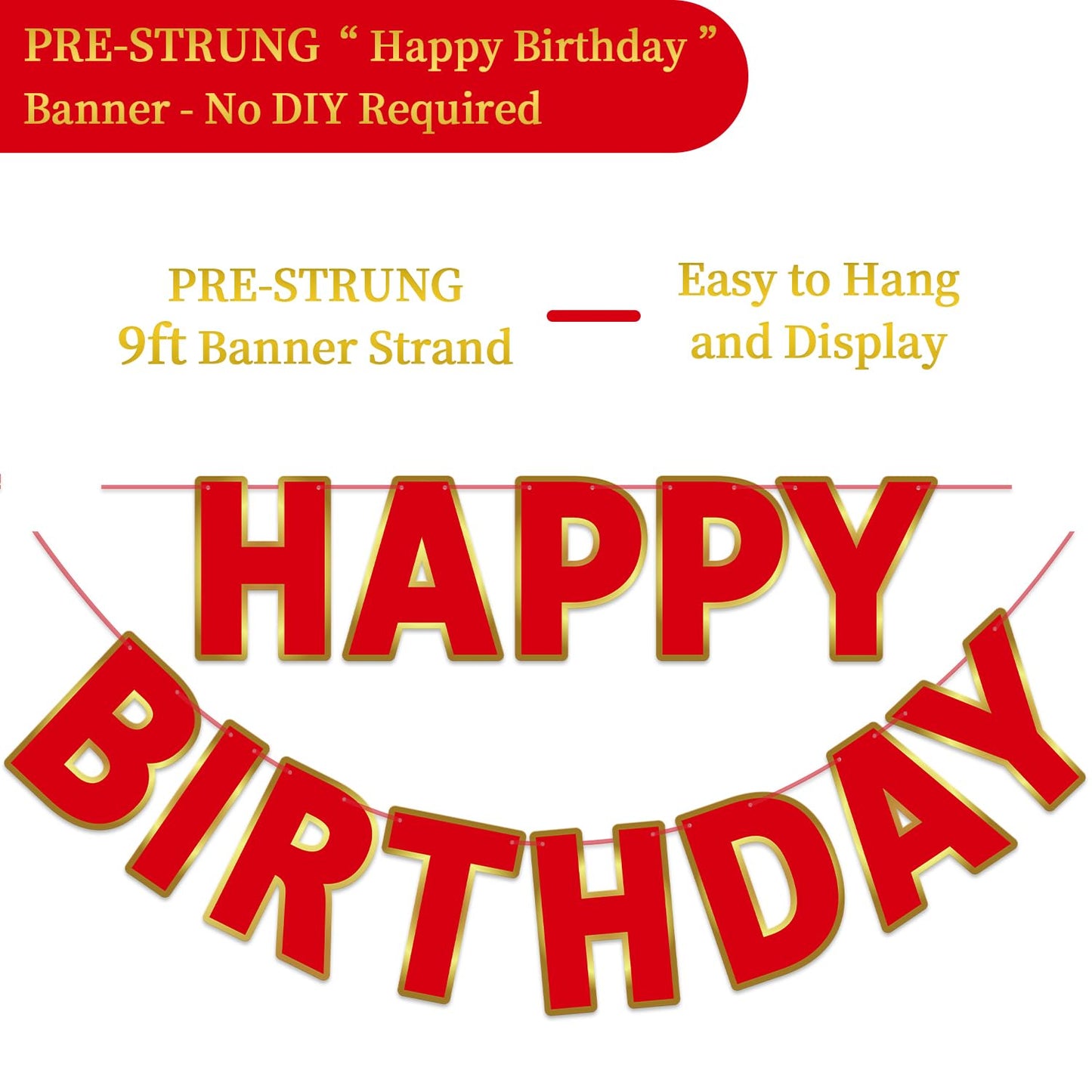 Litaus, Red Happy Birthday Banner - Pre-Strung, 9 Ft, No Diy | Birthday Decorations | Happy Birthday Sign For Birthday Decor, Ba