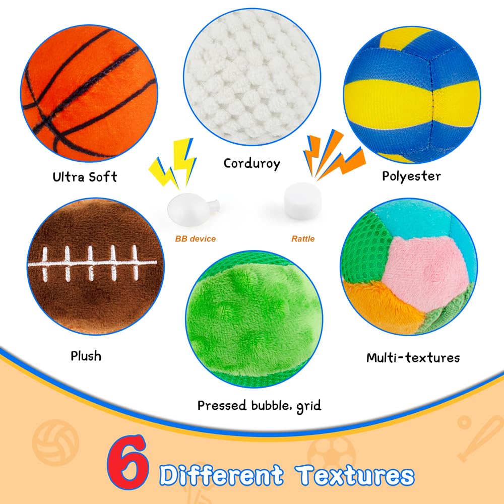 Beetoy Sensory Sports Balls For Infant Toddlers, Baby Toys For Early Education, Different Sensory Tactile Textures Balls With Rattle & Squeakers