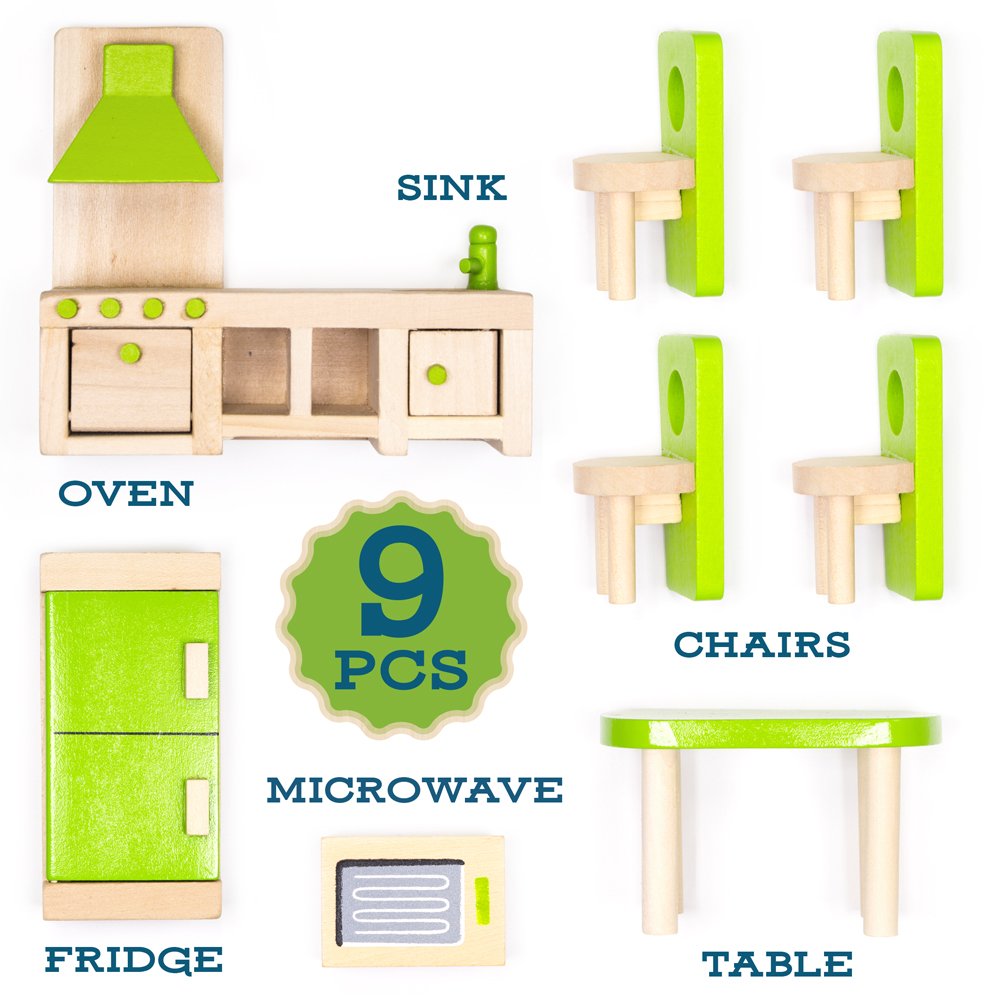 Wooden Dollhouse Furniture|Made Of Safe Wood And Bright Water-Based Paint|Compatible With Most Doll Houses|Eat-In Kitchen
