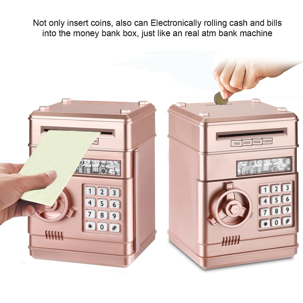 Setibre Piggy Bank, Electronic Atm Password Cash Coin Can Auto Scroll Paper Money Saving Box Toy Gift For Kids (Rose Gold)