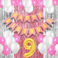 Mystic Toy Store 9Th Birthday Decoration Items For Girls With Pink And White Balloons, Happy Birthday Banner, Silver Foil Curtai