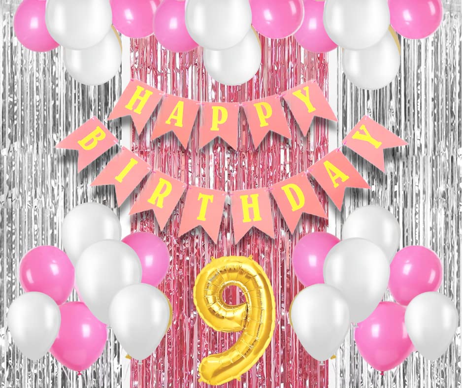 Mystic Toy Store 9Th Birthday Decoration Items For Girls With Pink And White Balloons, Happy Birthday Banner, Silver Foil Curtai