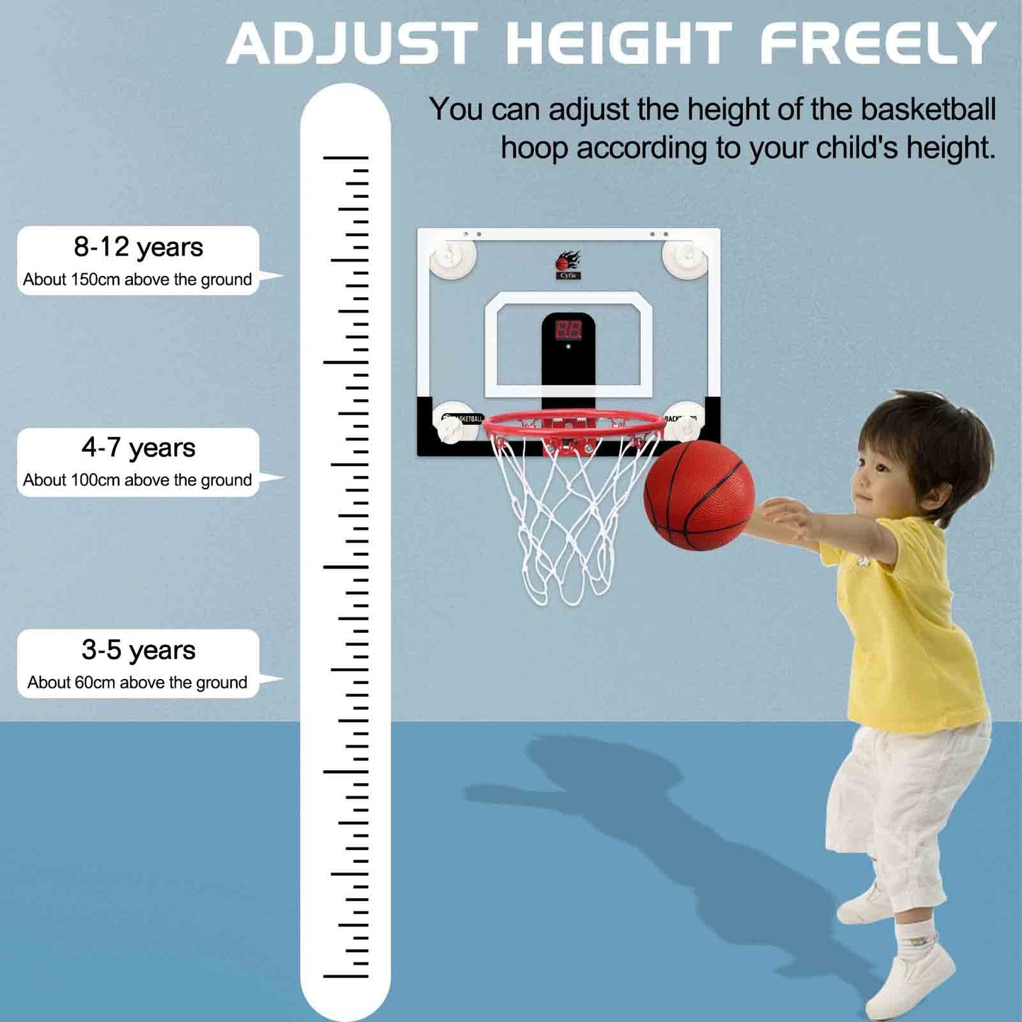 Cyfie Suction Cup Basketball Hoop, Indoor Mini Basketball Hoop With Scoreboard, Sound, 3 Balls For Kids Girls Boys