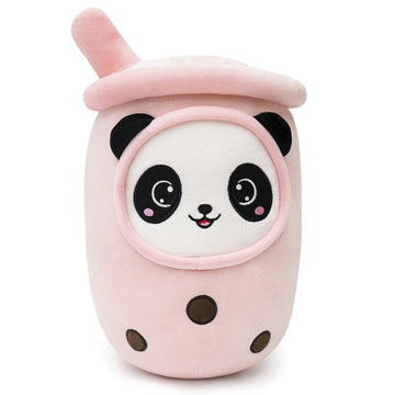 Niuniu Daddy Boba Plushies With Panda Face-13.7Inches Large Pink Cream Bubble Tea With Straw Stuffed Animals-Soft Kawaii Milk Te